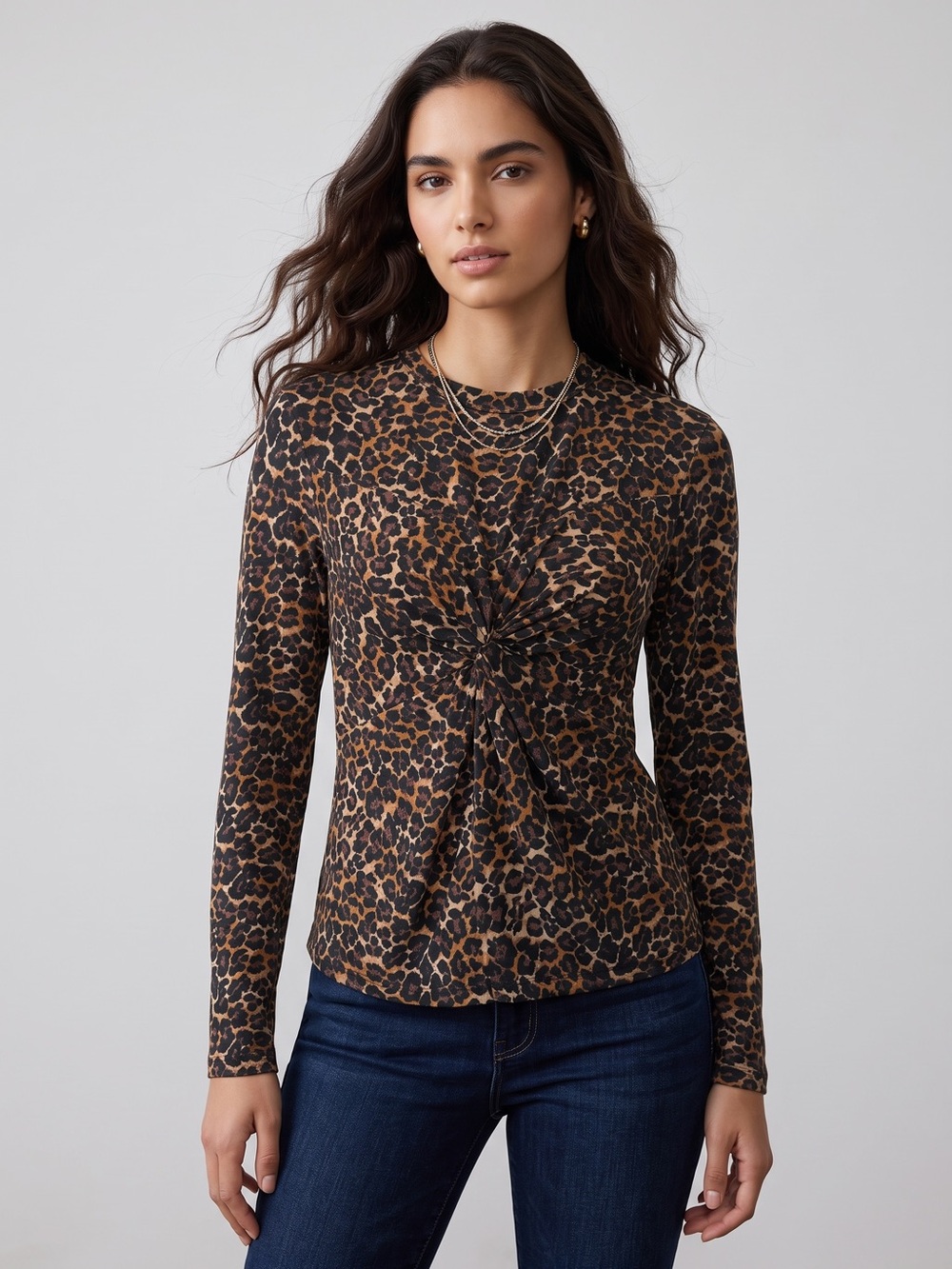 Nation LTD Marion Leopard Print Twist-Front Long Sleeve Tee Top - Brown/Black